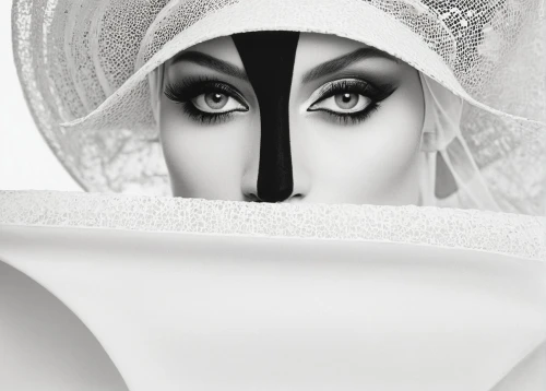 white fur hat,women's eyes,white lady,photo manipulation,applause,madonna,regard,the hat of the woman,black white,white swan,veil,image manipulation,photomanipulation,black hat,eyes,pointed hat,photomontage,muslim woman,blackandwhite,masque,Photography,Fashion Photography,Fashion Photography 19