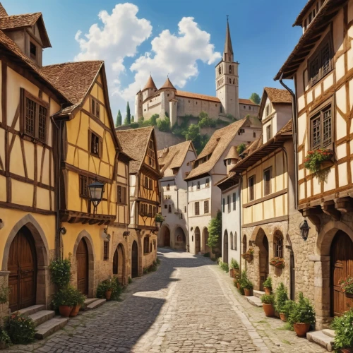 medieval street,medieval town,bamberg,rothenburg,medieval architecture,escher village,medieval,ulm,freiburg,alsace,knight village,miltenberg,freiburg im breisgau,muenster,nuremberg,tübingen,eguisheim,half-timbered houses,franconian switzerland,the old town,Photography,General,Realistic