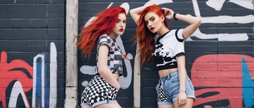 redheads,grunge,mannequins,bandana background,graffiti,concrete background,punk,cola bottles,photo session in torn clothes,mirroring,fashion models,red hair,models,redhair,jeans background,street fashion,pop art style,punk design,two girls,bad girls,Conceptual Art,Graffiti Art,Graffiti Art 11