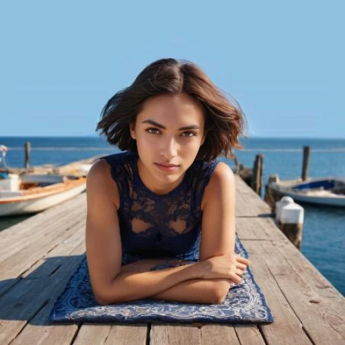 girl on the boat,yogananda,moana,meditating,on the pier,yoga,woman sitting,meditative,meditation,meditate,girl sitting,marina,yoga mat,lotus position,namaste,by the sea,relaxed young girl,beach towel,hallia venezia,shades of blue,Female,Middle Easterners,Bob Haircut,Youth adult,M,Confidence,Lace Dress,Outdoor,Dock