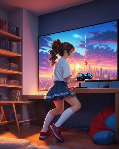 girl at the computer,girl studying,anime 3d,playing room,anime cartoon,sky apartment,tv,cg artwork,tv set,sci fiction illustration,anime,game room,asuka langley soryu,world digital painting,modern room,akko,evening atmosphere,playstation,summer evening,kids room,Illustration,Japanese style,Japanese Style 20