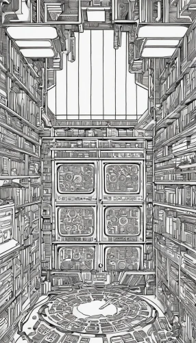 apothecary,bookcase,bookshelves,book wall,pantry,bookshelf,vault,cellar,bookstore,book store,soap shop,chamber,celsus library,dungeon,book illustration,book pages,shelves,bookshop,wine cellar,pharmacy,Illustration,Black and White,Black and White 14