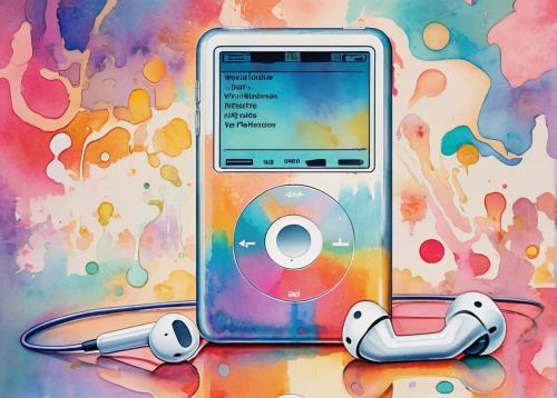 ipod nano,ipod,ipod touch,music player,audio player,listening to music,mp3 player accessory,earphone,ios,colorful background,apple design,music background,mp3 player,musicplayer,watercolor background,walkman,headphone,apple devices,audio,gadgets,Illustration,Paper based,Paper Based 25