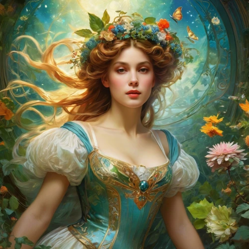 fantasy portrait,faery,fairy queen,faerie,emile vernon,fairy tale character,fantasy art,flower fairy,rosa 'the fairy,fantasy picture,mystical portrait of a girl,cinderella,fairy,girl in flowers,flora,fantasy woman,fantasia,the enchantress,jasmine blossom,girl in the garden,Conceptual Art,Fantasy,Fantasy 05