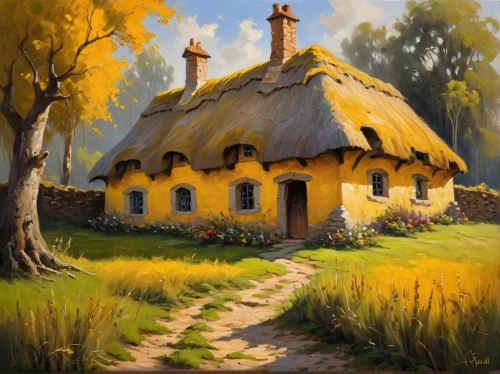 thatched cottage,church painting,witch's house,home landscape,country cottage,traditional house,cottage,little house,house in the forest,ancient house,small house,summer cottage,mushroom landscape,autumn landscape,fairy house,lonely house,russian folk style,straw hut,thatch roof,ukraine,Conceptual Art,Oil color,Oil Color 22