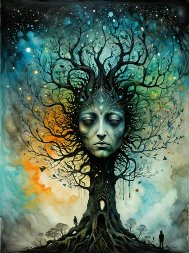 girl with tree,dryad,tree of life,rooted,mother earth,the branches of the tree,tree crown,tree thoughtless,the roots of trees,magic tree,shamanism,shamanic,uprooted,tree and roots,flourishing tree,the enchantress,bodhi tree,the girl next to the tree,mystical portrait of a girl,roots,Illustration,Abstract Fantasy,Abstract Fantasy 18