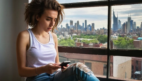 woman holding a smartphone,girl sitting,woman sitting,girl at the computer,texting,on the phone,ny,woman playing,girl studying,social media addiction,girl in t-shirt,new york,dua lipa,nyc,relaxed young girl,a girl with a camera,newyork,viewphone,dialogue window,the app on phone,Illustration,Abstract Fantasy,Abstract Fantasy 16