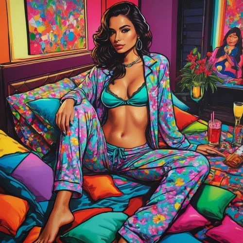 pajamas,pjs,candela,woman on bed,popart,colorful floral,colorful,modern pop art,girl in bed,girl-in-pop-art,cabana,floral,persian,oil on canvas,oil painting on canvas,tutti frutti,pop art colors,cool pop art,pop art style,pop art,Conceptual Art,Graffiti Art,Graffiti Art 01