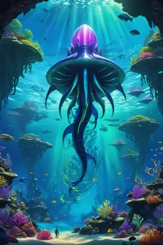 under sea,under the sea,deep sea,underwater background,undersea,the bottom of the sea,cuthulu,aquarium,bottom of the sea,mermaid background,jellyfish,underwater world,scuba,sea-life,deep sea nautilus,apiarium,cephalopod,underwater playground,squid game card,aquatic,Illustration,Realistic Fantasy,Realistic Fantasy 20