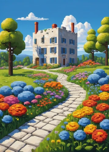 home landscape,flower garden,cottage garden,springtime background,dandelion hall,blooming field,flower field,flower meadow,spring garden,studio ghibli,flowers field,clover meadow,blanket of flowers,free land-rose,field of flowers,flower painting,flower bed,little house,summer cottage,house painting,Art,Artistic Painting,Artistic Painting 02