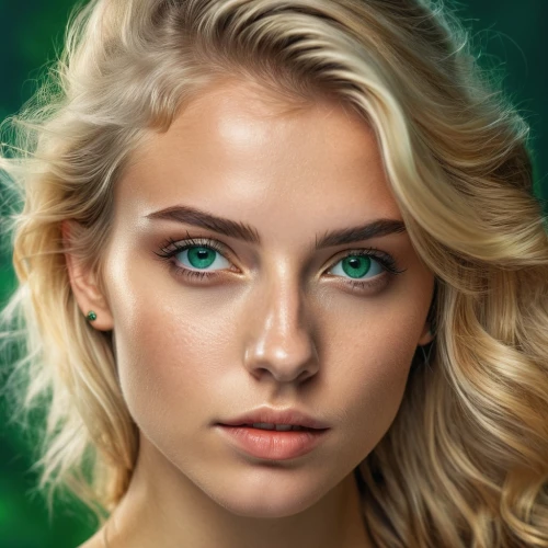 digital painting,fantasy portrait,portrait background,world digital painting,green eyes,retouching,girl portrait,natural cosmetic,romantic portrait,retouch,digital art,woman portrait,women's eyes,mystical portrait of a girl,blonde woman,portrait of a girl,emerald,face portrait,dahlia white-green,young woman,Photography,General,Realistic