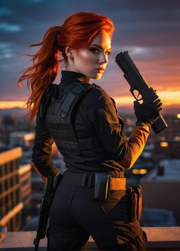 black widow,woman holding gun,girl with gun,girl with a gun,renegade,huntress,ballistic vest,mercenary,nora,femme fatale,holding a gun,operator,agent,cosplay image,vigilant,piper,dusk background,maci,rifle,fiery,Illustration,American Style,American Style 12