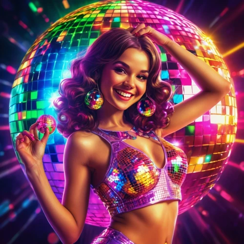 disco,disco ball,prism ball,colorful foil background,neon carnival brasil,go-go dancing,samba deluxe,mirror ball,showgirl,colorful background,crystal ball-photography,kaleidoscope website,retro woman,discobole,party banner,belly dance,las vegas entertainer,photoshop manipulation,rave,crystal ball,Illustration,Realistic Fantasy,Realistic Fantasy 38