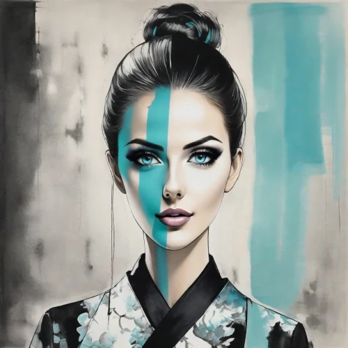 geisha girl,fashion illustration,geisha,chinese art,art painting,japanese art,fashion vector,oriental girl,oriental,chignon,oil painting on canvas,world digital painting,cool pop art,oriental painting,photo painting,janome chow,woman face,fantasy portrait,japanese woman,mystical portrait of a girl,Digital Art,Ink Drawing