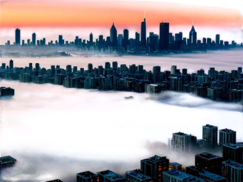 sea of fog,chicago skyline,wave of fog,north american fog,city scape,cityscape,chicago,high fog,skycraper,city skyline,foggy landscape,chicago night,dense fog,australian mist,the fog,fog banks,emission fog,high-rises,above the city,ground fog,Art,Artistic Painting,Artistic Painting 02