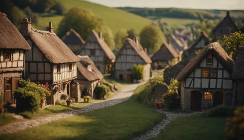 knight village,medieval street,medieval town,escher village,wooden houses,miniature house,alpine village,villages,aurora village,tilt shift,half-timbered houses,cottages,medieval,hobbiton,mountain village,fairy village,nativity village,village life,folk village,houses,Photography,General,Cinematic