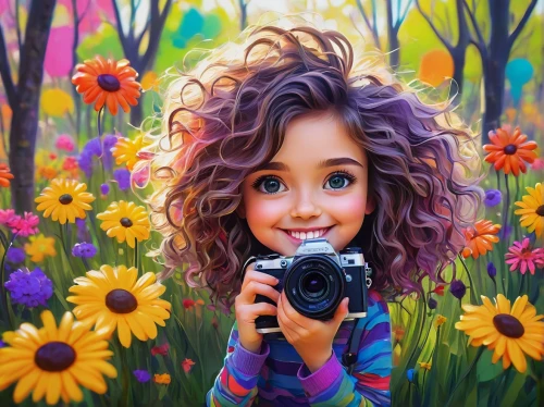 girl in flowers,flower painting,beautiful girl with flowers,a girl with a camera,photo painting,flower art,girl picking flowers,photographing children,portrait photographers,world digital painting,flower background,child portrait,camera illustration,colorful daisy,children's background,photographer,girl in the garden,flower illustrative,nature photographer,kids illustration,Conceptual Art,Oil color,Oil Color 11