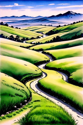 yamada's rice fields,ricefield,rice fields,rural landscape,rolling hills,rice terrace,brook landscape,green landscape,the rice field,japan landscape,rice field,green fields,landscape background,winding road,landscape,farm landscape,winding roads,rice paddies,high landscape,hills,Illustration,Paper based,Paper Based 30