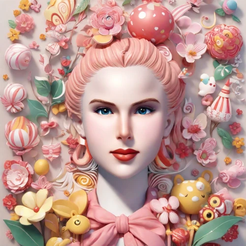 girl in a wreath,fantasy portrait,magnolia,stylized macaron,candy island girl,flower fairy,artist doll,flora,girl in flowers,confectioner,camellias,camellia,bonbon,pompadour,sugar paste,porcelain dolls,painter doll,sugar candy,vintage doll,camelliers,Digital Art,3D