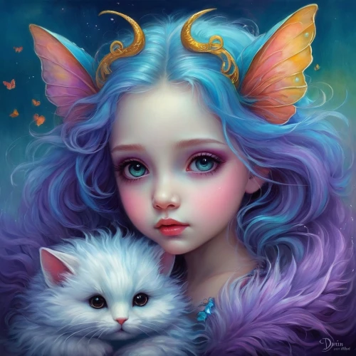 fantasy portrait,fantasy art,faery,little girl fairy,faerie,fantasy picture,child fairy,fairy tale character,cat with blue eyes,fairytale characters,angel and devil,mystical portrait of a girl,eglantine,fairy tale icons,fae,holly blue,fairies,antasy,unicorn art,evil fairy,Illustration,Realistic Fantasy,Realistic Fantasy 30