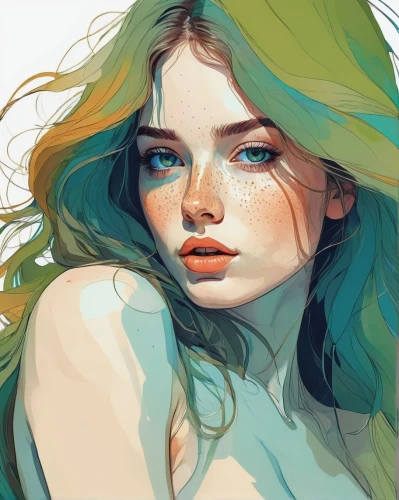 poison ivy,turquoise,digital painting,color turquoise,girl portrait,mermaid vectors,emerald,green mermaid scale,nami,artist color,siren,fantasy portrait,menta,green skin,digital illustration,study,girl drawing,color pencils,teal,dryad,Illustration,Paper based,Paper Based 19