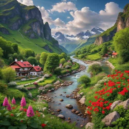 alpine village,fantasy landscape,mountain village,landscape background,home landscape,nature landscape,mountain scene,mountain landscape,the valley of flowers,beautiful landscape,springtime background,meadow landscape,mountainous landscape,world digital painting,alpine pastures,landscape nature,mountain settlement,mountain valley,alpine region,house in mountains,Photography,General,Natural