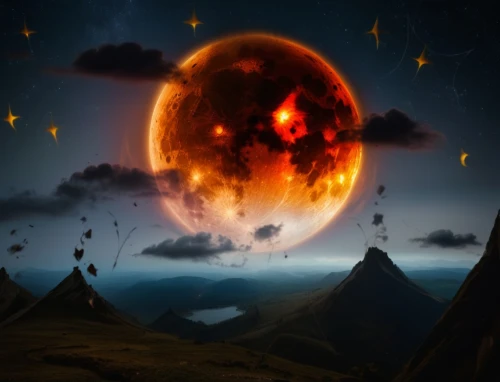 blood moon,blood moon eclipse,moon and star background,fire planet,volcano,fantasy picture,lunar eclipse,volcanic,molten,phase of the moon,fire background,sun moon,volcanos,fire mountain,chinese lantern,volcanic field,planet alien sky,burning earth,halloween background,dusk background,Photography,General,Fantasy