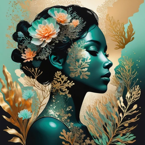 gold foil mermaid,rosa ' amber cover,flora,girl in a wreath,gold foil art,girl in flowers,boho art,jasmine blossom,digital illustration,flower painting,kahila garland-lily,floral composition,jasmine,rose flower illustration,flower and bird illustration,digital artwork,fantasy portrait,lotus blossom,digital art,gold leaf,Conceptual Art,Oil color,Oil Color 03