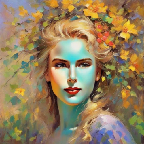 mystical portrait of a girl,fantasy portrait,girl in a wreath,girl in flowers,oil painting,art painting,romantic portrait,photo painting,dryad,faerie,blonde woman,flower painting,autumn icon,oil painting on canvas,girl portrait,face portrait,girl with tree,artistic portrait,woman portrait,young woman,Digital Art,Impressionism