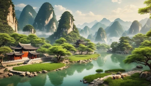 landscape background,chinese background,fantasy landscape,guilin,mountainous landscape,guizhou,yunnan,chinese architecture,chinese art,chinese temple,green landscape,wuyi,mountain landscape,beautiful landscape,mountain scene,river landscape,asian architecture,cartoon video game background,nature landscape,zhangjiajie,Photography,General,Realistic