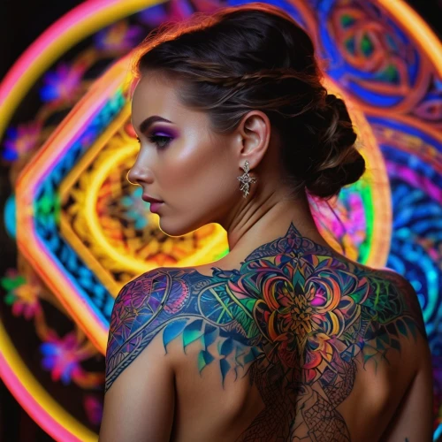 neon body painting,tattoo girl,body painting,bodypaint,bodypainting,body art,neon makeup,with tattoo,fairy peacock,tattooed,colorful light,peacock,drawing with light,henna dividers,tattoos,mehendi,mehndi,colored lights,colorful spiral,colorful background,Photography,General,Commercial