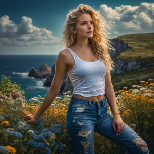 jeans background,celtic woman,girl in flowers,portrait photography,landscape background,beautiful girl with flowers,photoshop manipulation,portrait photographers,denim,portrait background,girl on the dune,farm girl,romantic portrait,image manipulation,bluejeans,springtime background,young woman,jeans,countrygirl,denim background,Photography,General,Fantasy