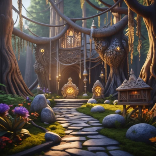 druid grove,fairy village,elven forest,enchanted forest,fairy forest,dandelion hall,fairy house,cartoon forest,fairytale forest,house in the forest,mushroom landscape,fantasy landscape,witch's house,fairy world,3d fantasy,the forest,forest path,fairy tale castle,cartoon video game background,wooden path,Photography,General,Realistic