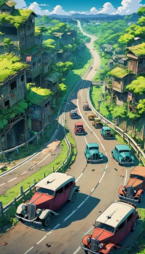 street canyon,alpine drive,racing road,roads,the road,suburb,roadside,suburbs,hairpins,neighborhood,city highway,parking lot,mountain road,highway,rural,valley,green valley,highway roundabout,hillside,studio ghibli,Illustration,Japanese style,Japanese Style 03