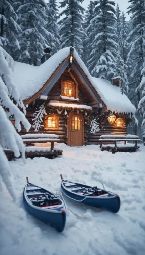 snow shelter,winter house,the cabin in the mountains,log cabin,snowhotel,dug out canoe,small cabin,sleds,chalet,log home,mountain hut,snowshoe,mountain huts,snowed in,winter wonderland,avalanche protection,winter village,snow roof,wooden sled,warm and cozy,Illustration,Realistic Fantasy,Realistic Fantasy 19