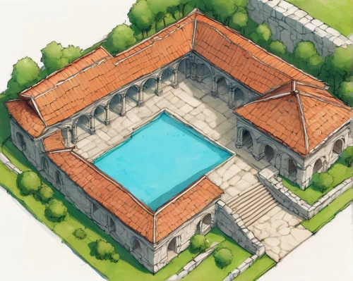 pool house,swimming pool,roman villa,house drawing,thermae,dug-out pool,roof landscape,outdoor pool,moated castle,swim ring,isometric,courtyard,roof top pool,medieval architecture,roman bath,roman excavation,private estate,house roofs,garden elevation,moated,Illustration,Paper based,Paper Based 07