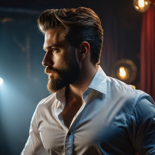 pomade,male model,scene lighting,visual effect lighting,film actor,beard,dress shirt,virat kohli,cravat,elvan,man portraits,bearded,the groom,groom,pompadour,handsome model,uomo vitruviano,spanish stallion,actor,danila bagrov,Photography,General,Fantasy