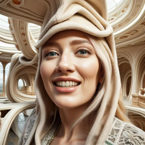 gaudí,rapunzel,arabian,wood elf,girl in a historic way,fantasy portrait,digital painting,world digital painting,bonnet,portrait background,blonde woman,art deco woman,elven,hijaber,art nouveau,angel face,poppy,beautiful bonnet,digital art,headscarf