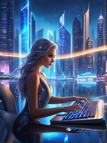girl at the computer,women in technology,lures and buy new desktop,night administrator,game illustration,sci fiction illustration,cg artwork,cyberpunk,cyberspace,symetra,computer business,computer art,computer freak,world digital painting,computer game,crypto mining,lan,computer,neon human resources,elsa,Illustration,Realistic Fantasy,Realistic Fantasy 01