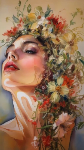 girl in flowers,flower painting,girl in a wreath,world digital painting,digital painting,oil painting on canvas,flower nectar,flower art,wreath of flowers,flower wall en,floral composition,beautiful girl with flowers,blooming wreath,falling flowers,flora,floral wreath,digital art,mystical portrait of a girl,floral background,art painting,Illustration,Paper based,Paper Based 11