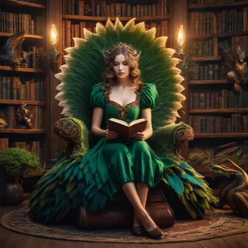 fairy peacock,reading owl,bookworm,fairy tale character,fantasy portrait,girl in a wreath,faery,fairy queen,peacock,fantasy picture,librarian,children's fairy tale,butterbur,fae,fairy tales,faerie,fairy tale,read a book,merida,green dress,Photography,General,Fantasy