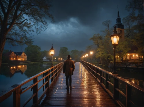 evening atmosphere,walking in the rain,night scene,bruges,the netherlands,man with umbrella,netherlands,bremen,the night of kupala,holland,romantic night,before the dawn,night photography,wooden bridge,before dawn,romantic scene,in the evening,northern germany,girl walking away,night image,Photography,General,Fantasy