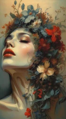 girl in flowers,fallen petals,flower nectar,scent of roses,wilted,dry bloom,falling flowers,passion bloom,the sleeping rose,orange blossom,wreath of flowers,flora,flower essences,flower wall en,girl in a wreath,flower of passion,mystical portrait of a girl,petals,bach flower therapy,floral composition,Illustration,Realistic Fantasy,Realistic Fantasy 16