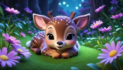 fawn,bambi,young-deer,baby deer,deer illustration,deer in tears,cute cartoon image,cute cartoon character,young deer,forest animal,forest background,deer,fawns,cute animal,children's background,cartoon forest,wood daisy background,flower animal,spring background,cute animals,Unique,3D,3D Character