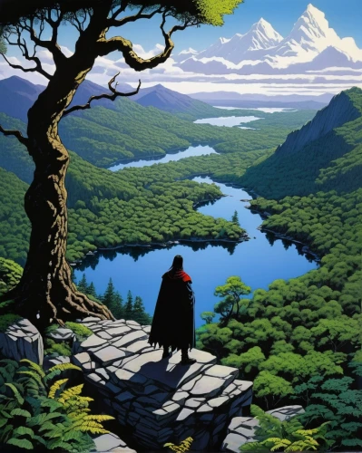 studio ghibli,lake tanuki,japan landscape,jrr tolkien,fantasia,landscape background,mountain world,mountain scene,high landscape,would a background,overlook,the spirit of the mountains,arête,fantasy picture,nature and man,background image,the landscape of the mountains,mountain landscape,fjord,idyll,Illustration,Black and White,Black and White 17
