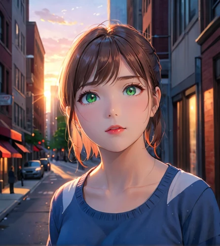 cinnamon girl,piko,luminous,cg artwork,anime 3d,heterochromia,worried girl,hinata,anime girl,green eyes,summer evening,ren,sakura,portrait background,girl portrait,world digital painting,radiant,violet evergarden,maya,nico,Anime,Anime,Traditional