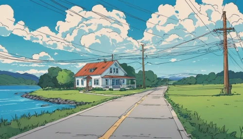 studio ghibli,lonely house,outskirts,bungalow,house by the water,little house,cottage,rural,idyllic,house with lake,summer cottage,seaside country,moc chau hill,home landscape,house silhouette,neighborhood,small house,atmosphere,the road,neighbourhood,Illustration,Japanese style,Japanese Style 06