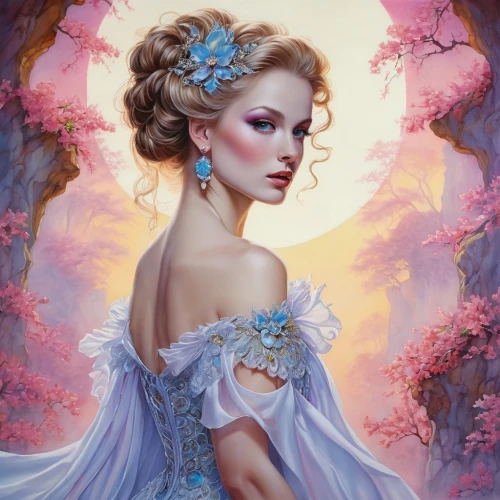 blue moon rose,fantasy portrait,faery,fantasy art,fairy queen,faerie,lilac blossom,fantasy picture,romantic portrait,mystical portrait of a girl,fantasy woman,secret garden of venus,rosa 'the fairy,femininity,eglantine,fairy tale character,blue enchantress,scent of roses,aphrodite,baroque angel,Conceptual Art,Fantasy,Fantasy 29