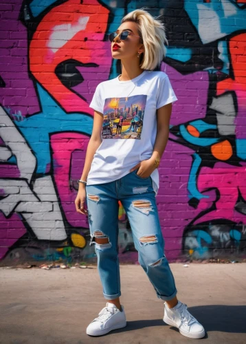 girl in t-shirt,the style of the 80-ies,tshirt,street fashion,artistic roller skating,retro eighties,cool blonde,roller skating,women fashion,wallis day,jeans background,eighties,graffiti splatter,moc chau hill,tees,80s,menswear for women,t-shirt,print on t-shirt,colorful background,Conceptual Art,Sci-Fi,Sci-Fi 21