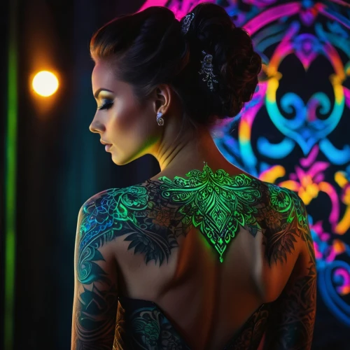 neon body painting,tattoo girl,henna dividers,body painting,mehendi,tattooed,with tattoo,bodypainting,mehndi,bodypaint,miss vietnam,lotus tattoo,thai pattern,mehndi designs,body art,vietnamese woman,girl in a long dress from the back,filigree,henna,henna frame,Photography,General,Fantasy
